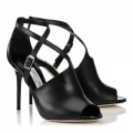 Jimmy Choo Leigh Black Nappa and Patent Leather Peep Toe Sandals