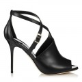 Jimmy Choo Leigh Black Nappa and Patent Leather Peep Toe Sandals