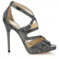 Jimmy Choo Virtue Anthracite Shimmer Snake Print Leather Peep Toe Strappy Sandals