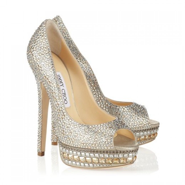 Jimmy Choo Kendall Champagne Leather and Crystal Platform Pumps
