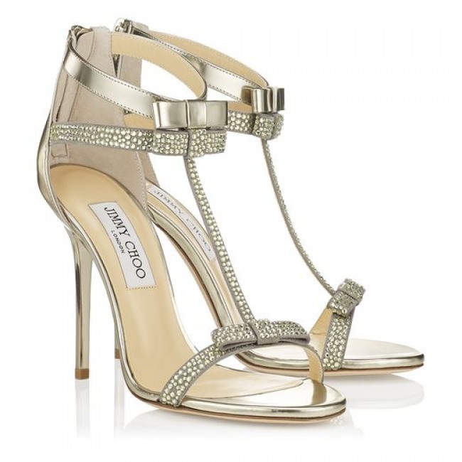 Jimmy Choo Escape Champagne Suede and Mirror Leather Sandals