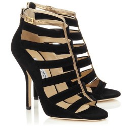 Jimmy Choo Fathom Black Suede and Antique Gold Mirror Leather Strappy Sandal Booties