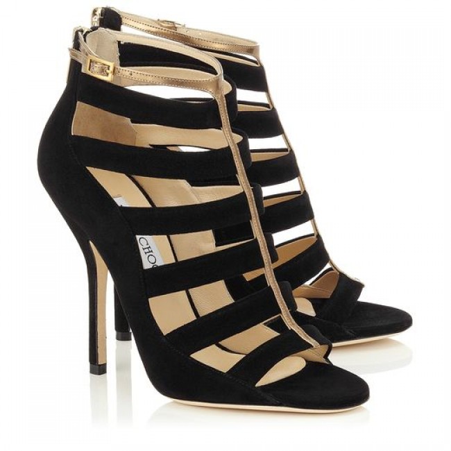 Jimmy Choo Fathom Black Suede and Antique Gold Mirror Leather Strappy Sandal Booties