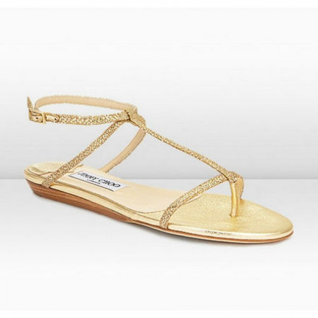 Jimmy Choo Fiona Gold Glitter Fabric Flat Sandals