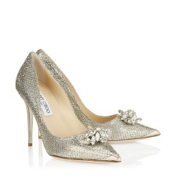Jimmy Choo Dempsey Champagne Glitter Pointy Pumps with Crystals