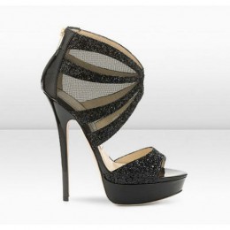 Jimmy Choo Liv 145mm Black Coarse Glitter Patent Platform Sandals