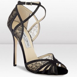 Jimmy Choo Fitch 120mm Black Fine Glitter and Lace Sandals