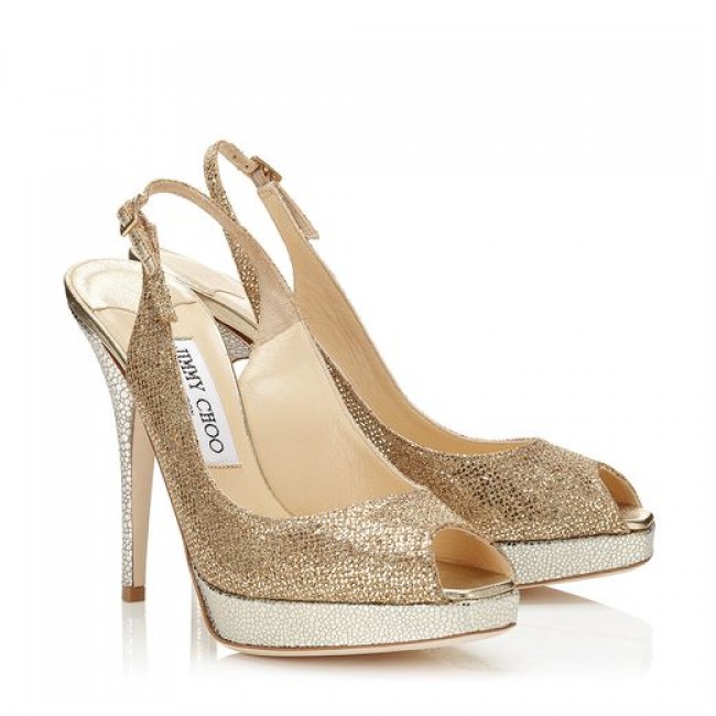 Jimmy Choo Clue Gold Glitter Fabric Platform Sandals