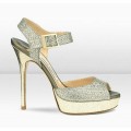 Jimmy Choo Linda Glitter Fabric Wedge Sandals Champagne Silver